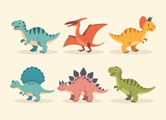 Six cartoon dinosaurs in a row on a light background © Anilchandra