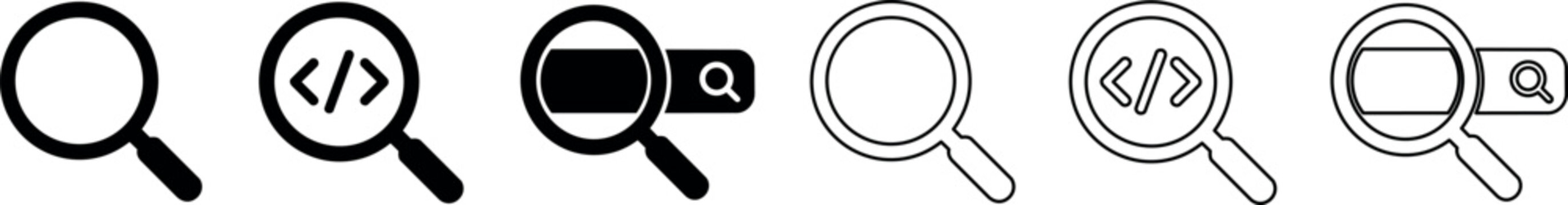 Magnifying glass icons with search and code symbols in black and outline styles