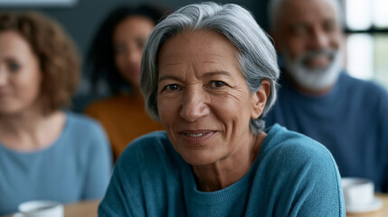 Fototapeta premium Smiling senior woman with natural gray hair enjoying a casual social gathering, representing positive aging, diversity, and community connection with friends