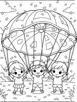 Three children happily holding colorful geometric parachute outdoors.