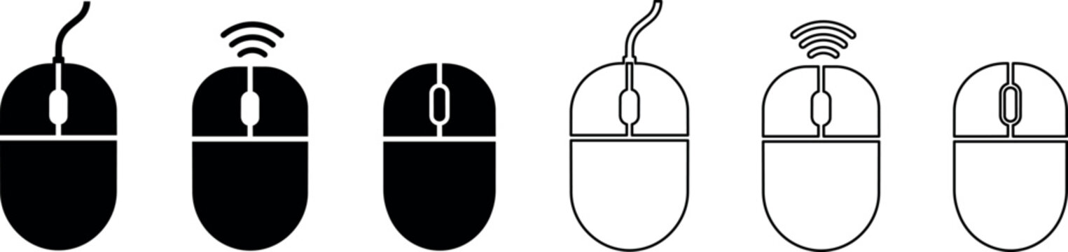 Set of wired and wireless computer mouse icons in solid and outline styles