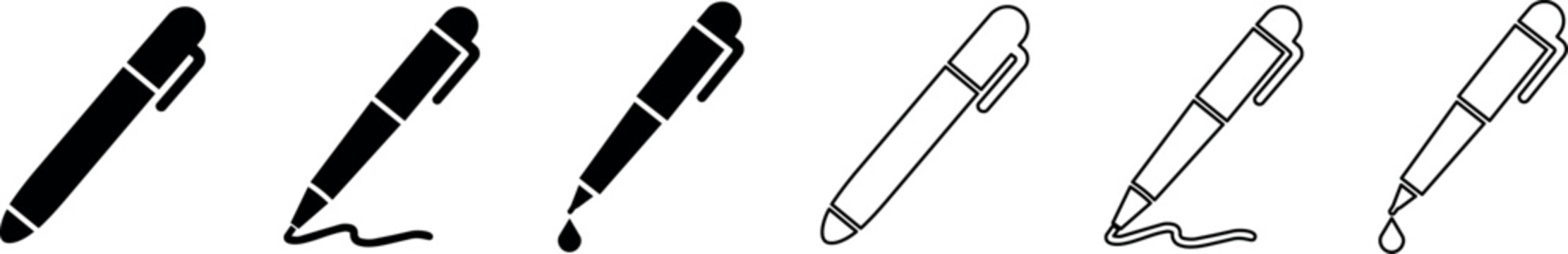Pen and marker writing and drawing tool icons in solid and outline styles