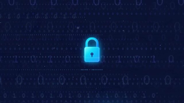 Digital Security Concept with Glowing Blue Padlock Icon Over Binary Code Data Background