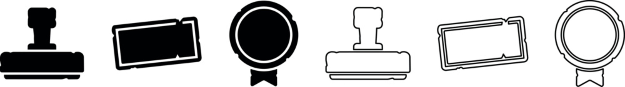 Set of rubber stamp and award ribbon icons in solid and outline styles