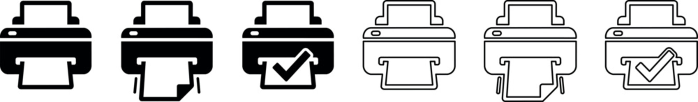 Set of printer icons including printing and print completed symbols