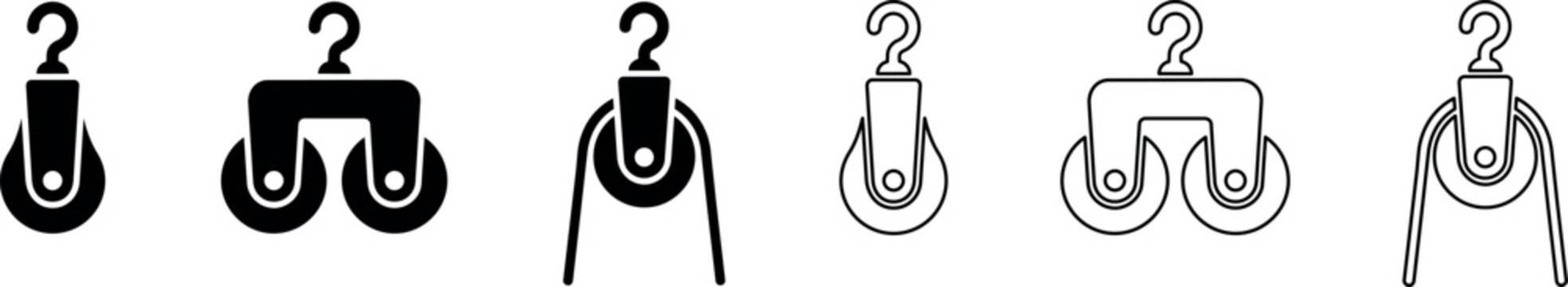 Mechanical pulley hook icons with single and double wheels in outline and solid styles