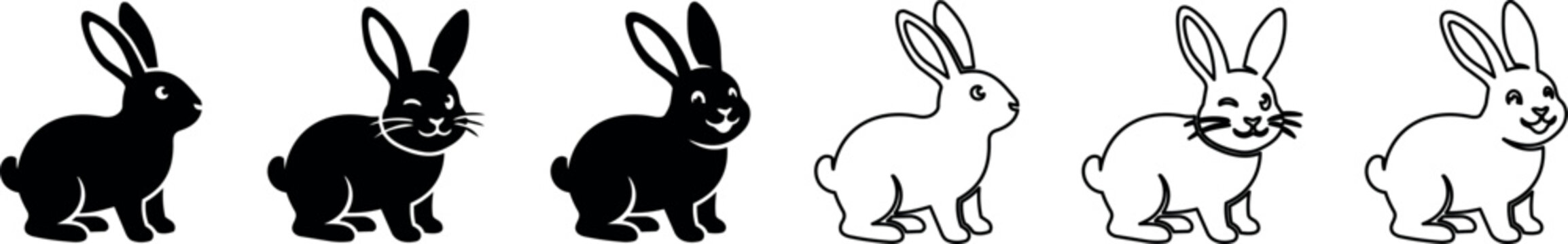 Set of black and white rabbit icons in different styles facing right