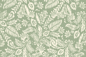 Fototapeta premium Seamless Floral Damask Pattern, Vintage Botanical Block Print in Green and White, Antique Style Ornate Print for Home Decor, Floral Damask Seamless Background, Traditional Nature-Inspired Fabric Print