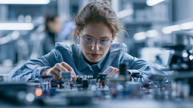 Young female engineer in eyeglasses precisely assembling and testing electronic circuit board components, researching and developing advanced microchip technology in a modern laboratory