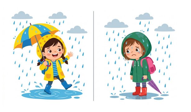 Cute Girl Weather Mood Comparison Happy and Sad Rainy Day Vector Illustration