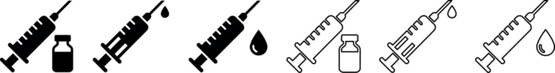 Obraz na płótnie Canvas Syringe and vaccine vial icon set in solid and outline styles