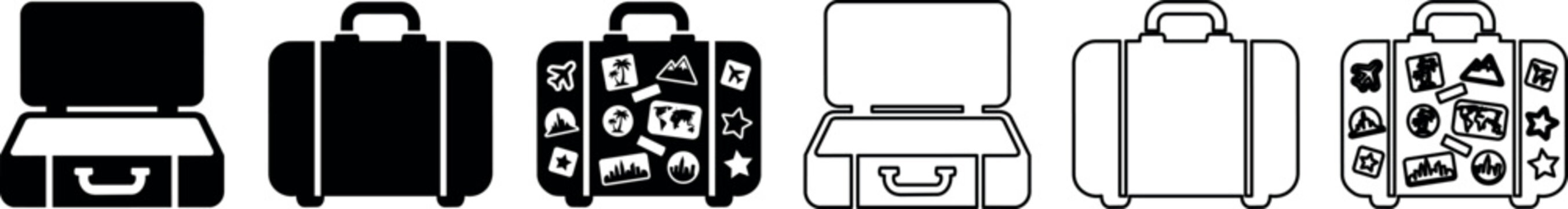 Suitcase icons showing closed and open luggage with travel stickers