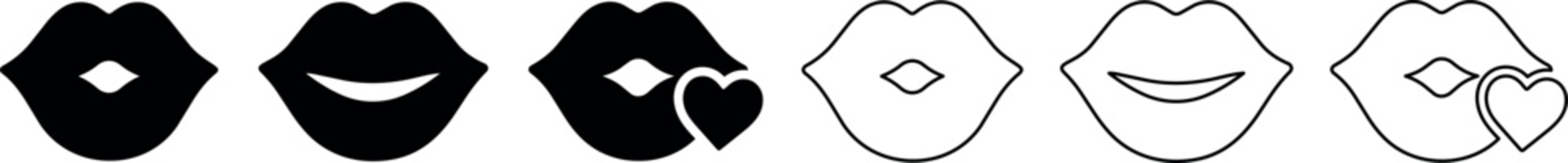Set of black and white lips with kiss and heart symbols in simple style