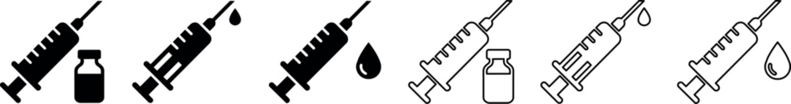 Syringe and vaccine vial icon set in solid and outline styles