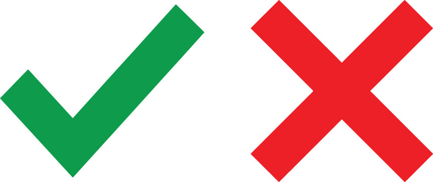 Green check mark and red cross sign icons for true or false choice and survey feedback selection