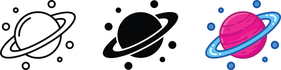 Set of three planet icons with rings and small moons in outline black and colorful cartoon style © Mst