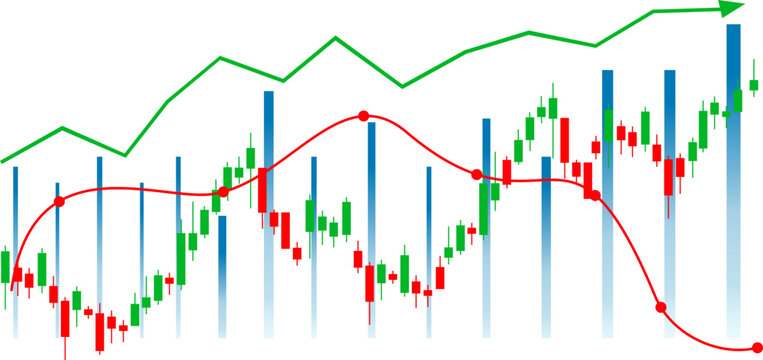 Visualization of financial market trend analysis, with detailed green and red Japanese candlestick patterns, accompanied by a smooth trend line curve indicating market growth and volatility patterns