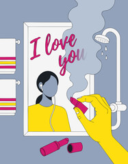 Obraz premium Hand writing love message on bathroom mirror with pink lipstick