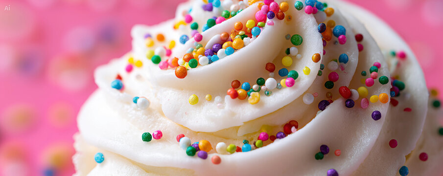Vanilla frosting with colourful topping closeup