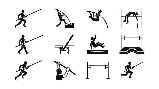 Set of pole vault athletic icons showing stages of jumping.