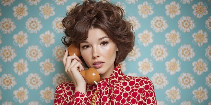 Photo of modern 1970s housewife talking on retro phone