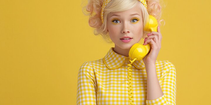 Photo of modern 1970s housewife talking on retro phone