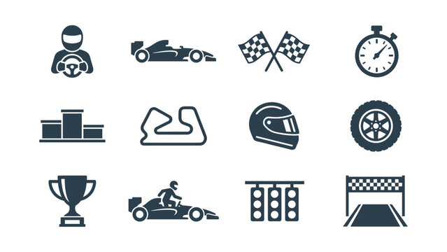 Set of formula racing icons featuring cars driver helmets track and championship trophies.