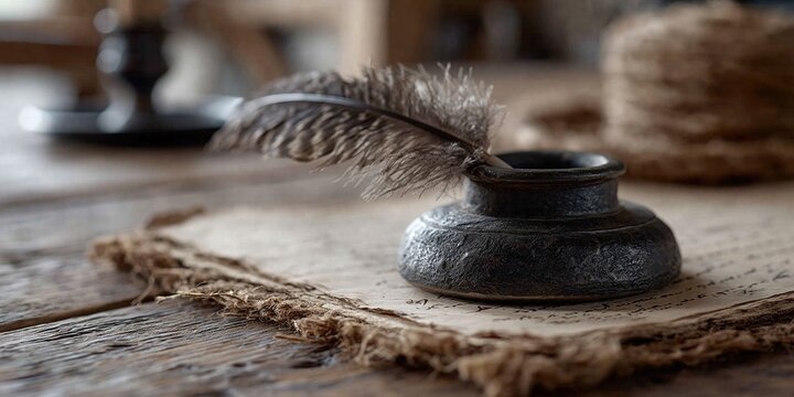 quill and inkwell - feathered quill pen with ink