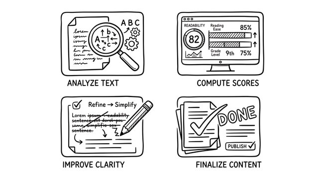 The image shows four icons representing analyze text, compute scores, improve clarity, and finalize content on a computer screen.