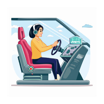 Woman using a driving simulator with headphones