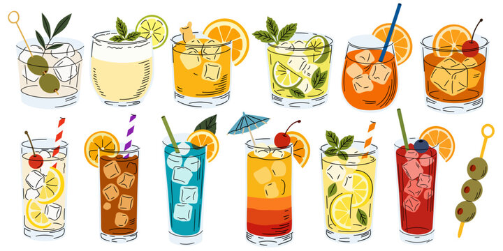 Set of various alcoholic and non-alcoholic cocktails in modern hand drawn cartoon style. Bright summer cold drinks collection with ice, fruits, mint and ice cubes for stickers, menu