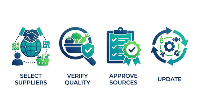 Business process icons show suppliers selection, quality verification, source approval, and system updates.