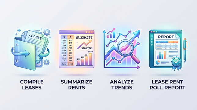Business professionals analyze trends and compile leases in a report