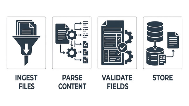 A vector graphic illustrating the data processing steps including ingest files, parse content, validate fields, and store.