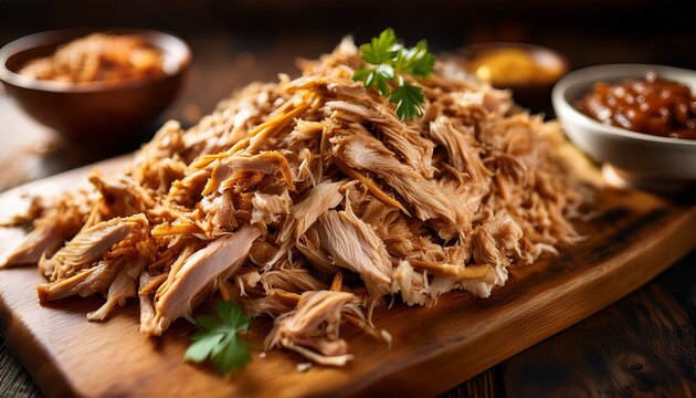 close up of pulled chicken on a wooden board highlighting the texture and juiciness of pulled chicken perfectly shredded pulled chicken prepared with care on a rustic kitchen surface