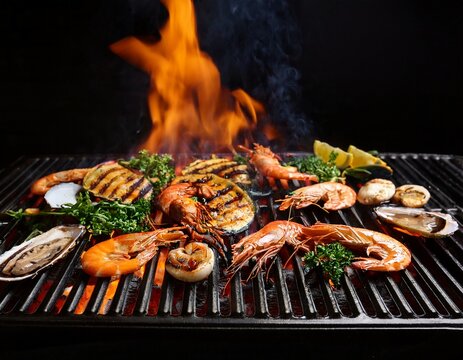grilled seafood on a black grill with orange flames featuring shrimp and shellfish garnished with greenery creating a vibrant culinary scene