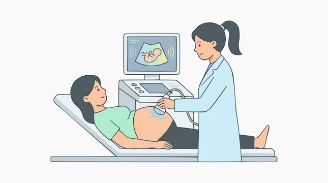 Prenatal Ultrasound: A doctor performs an ultrasound on a pregnant woman, displaying a clear image of the developing fetus on the monitor, a moment of anticipation and care.