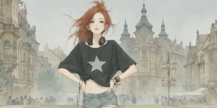 Cool girl influencer standing on a European street 