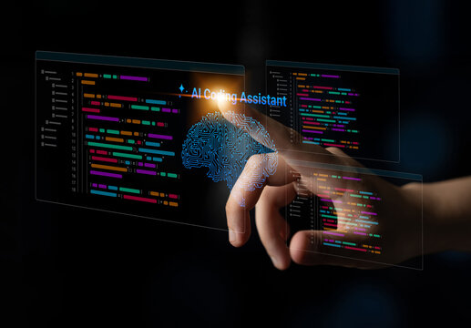 A hand interacts with a transparent AI coding interface displaying vibrant lines of code in a dark background, highlighting advanced technology and innovation. Cyphers