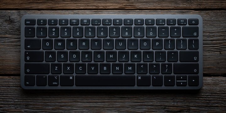 Overhead photo of qwerty keyboard on wood desktop