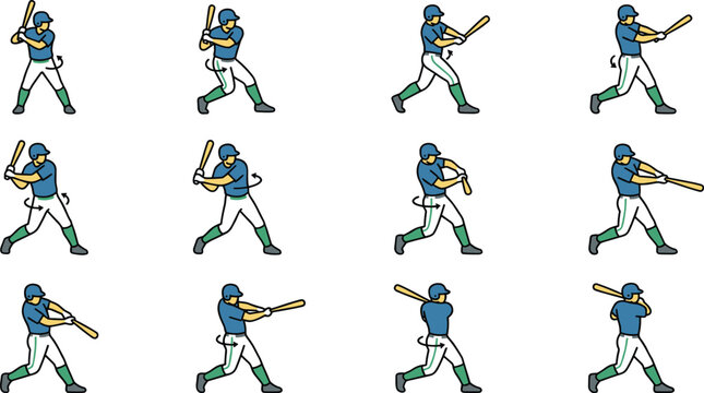 Baseball player swing sequence illustration showing batting technique.