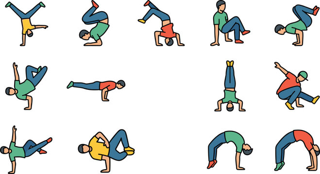 Set of breakdance icons showing various dance moves and b-boy poses.
