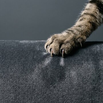 Tabby cat paw with sharp claws scratching a grey fabric sofa couch close up