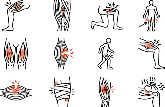 Set of hand drawn icons depicting human leg muscle injury and recovery.