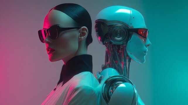 A woman in a suit, wearing sunglasses, standing next to a humanoid robot against a neon-lit backdrop. 
