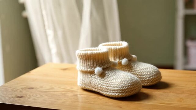 Pair of cute white knitted baby booties with pompons