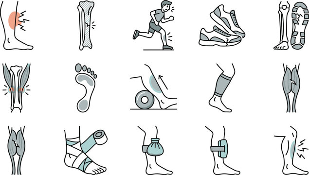 Shin Splints Medical Condition Symptoms Treatment and Prevention Line Art Icons.