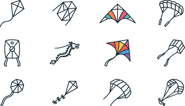 Collection of various colorful hand drawn kites and parachutes.