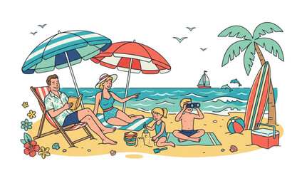 Obraz premium Happy Family Beach Vacation Retro Pop Art Seaside Holiday Vector Background