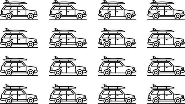 Seamless pattern of SUV cars with surfboards on roof rack.